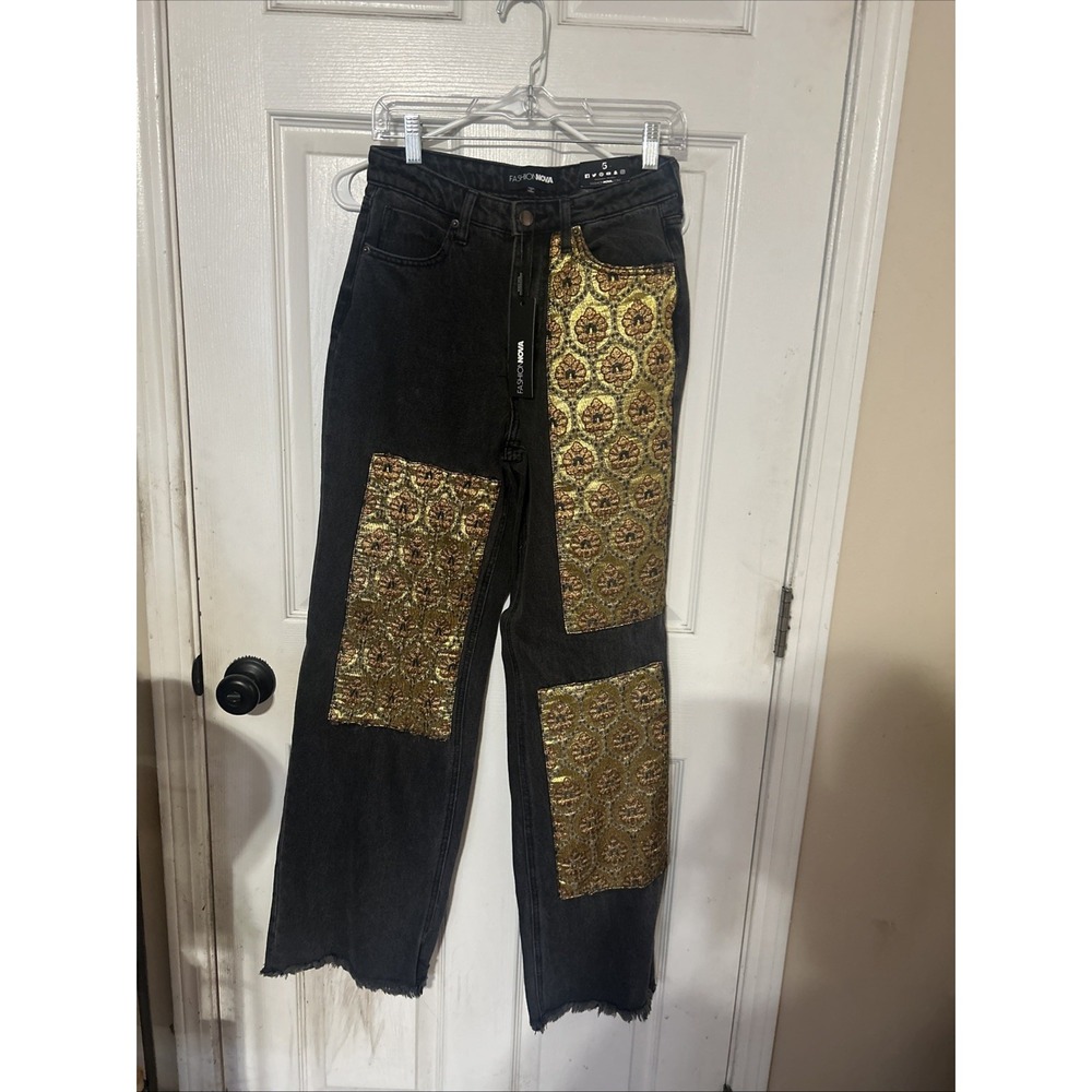 Fashion Nova Gold Floral Patchwork Wide-Leg Denim 5-Pocket Women's Solid Black